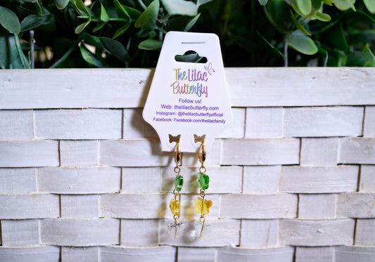 3 Glass Butterfly Drop Hoop Earrings